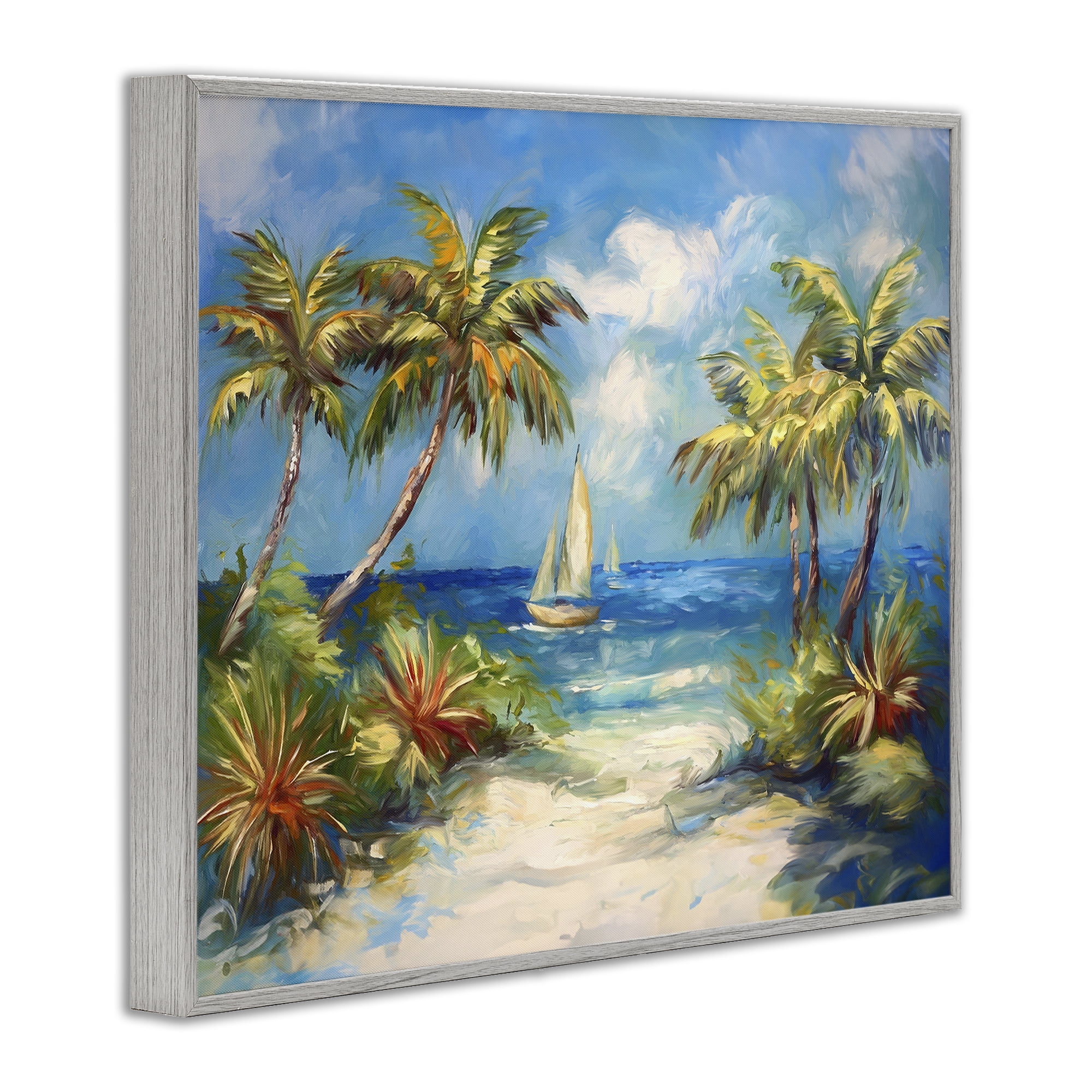 Stupell Industries Tropical Paradise Harbor Coastal Painting Gray Framed Art Print Wall Art, 30 x 24