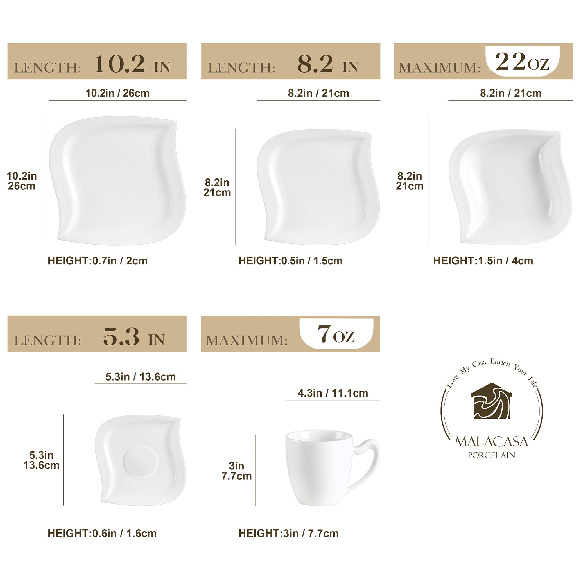 MALACASA, Series Elvira, 6 pieces 12.5 OZ Porcelain Cups 5 Mug Sets Ivory  White 