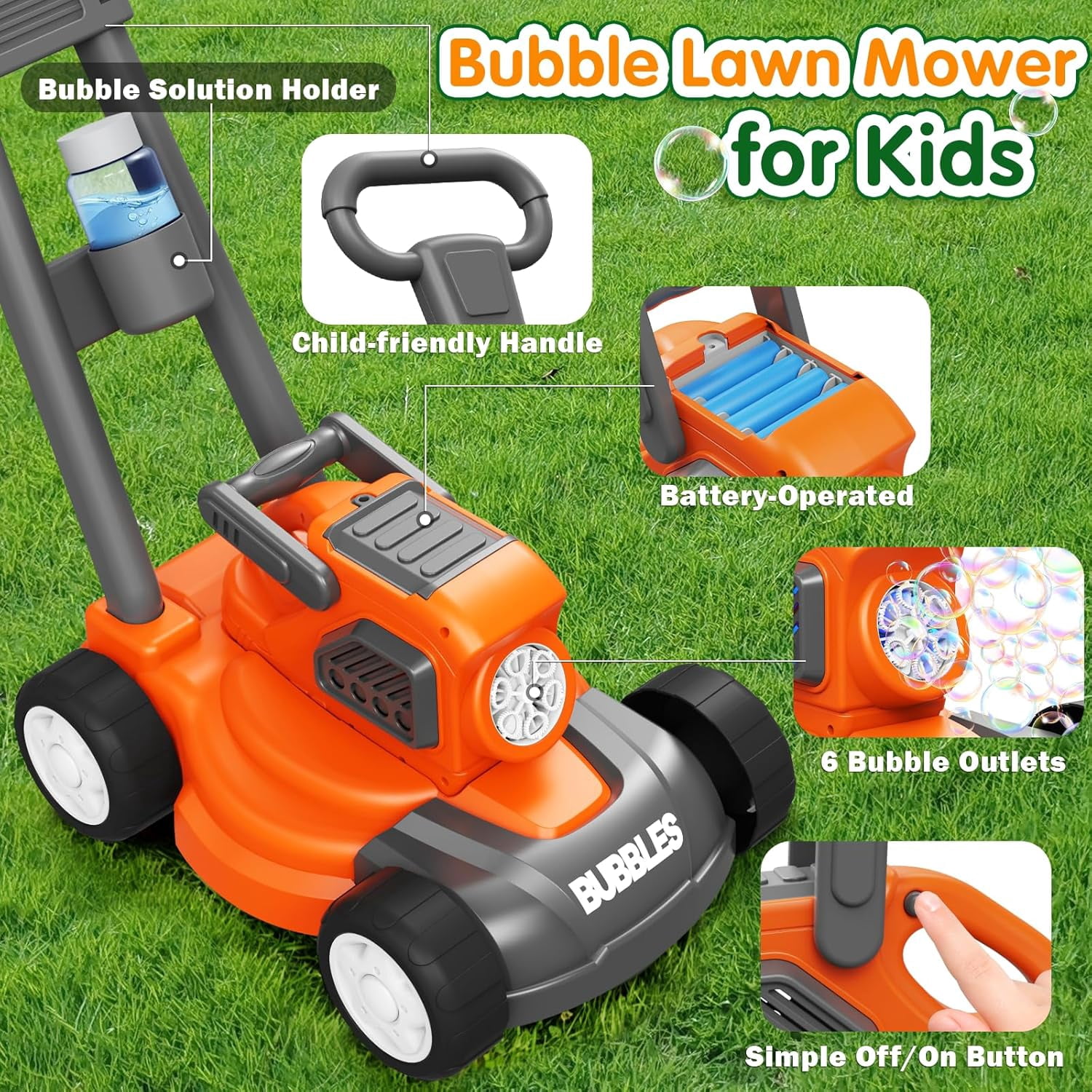 Aliex 3-in-1 Bubble Lawn Mower Outdoor Push Toy for Kids Ages 3-8, with 10 Bubble Solutions
