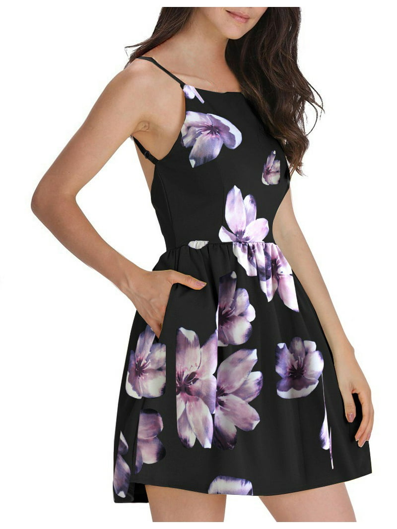 FANCYINN Women's Floral Print Short Dress Spaghetti Strap Backless Mini  Skater Dress Purple Floral XS - Walmart.com