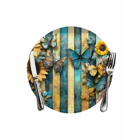 Vintage Round Table Placemats 1 pc Butterfly Sunflower Rose Striped Washable Woven Place Mats for Dining Tables Kitchen Party Decor Heat Proof 13in Yellow Blue