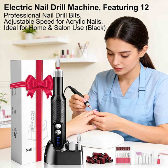 OEQOWBBU Electric Nail File & Drill Machine, 12-Piece Professional Kit with 6 Speeds for Acrylic/Gel Nails, Home and Salon Use (Black)