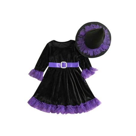 

AMILIEe Little Kids Girl’s Halloween Long Sleeve Dress Contrast Color Ruffle Round Neck A-line Dress with Witch Hat