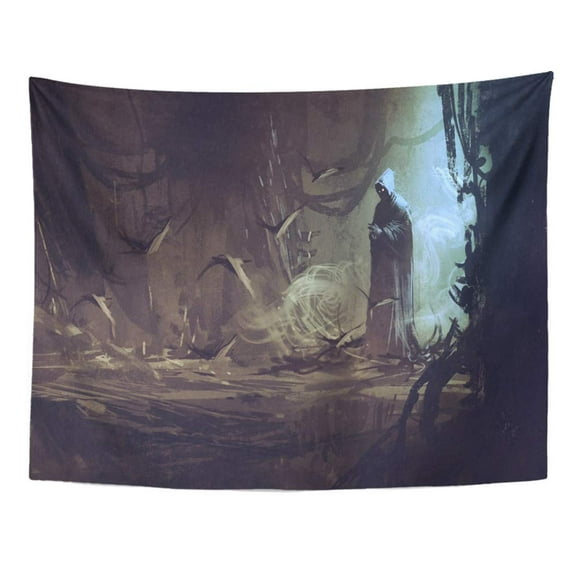 ZEALGNED Watercolor Fantasy Dark Cloak in Mysterious Forest Wizard Sorcerer Mystery Game Wall Art Hanging Tapestry Home Decor for Living Room Bedroom Dorm 51x60 inch
