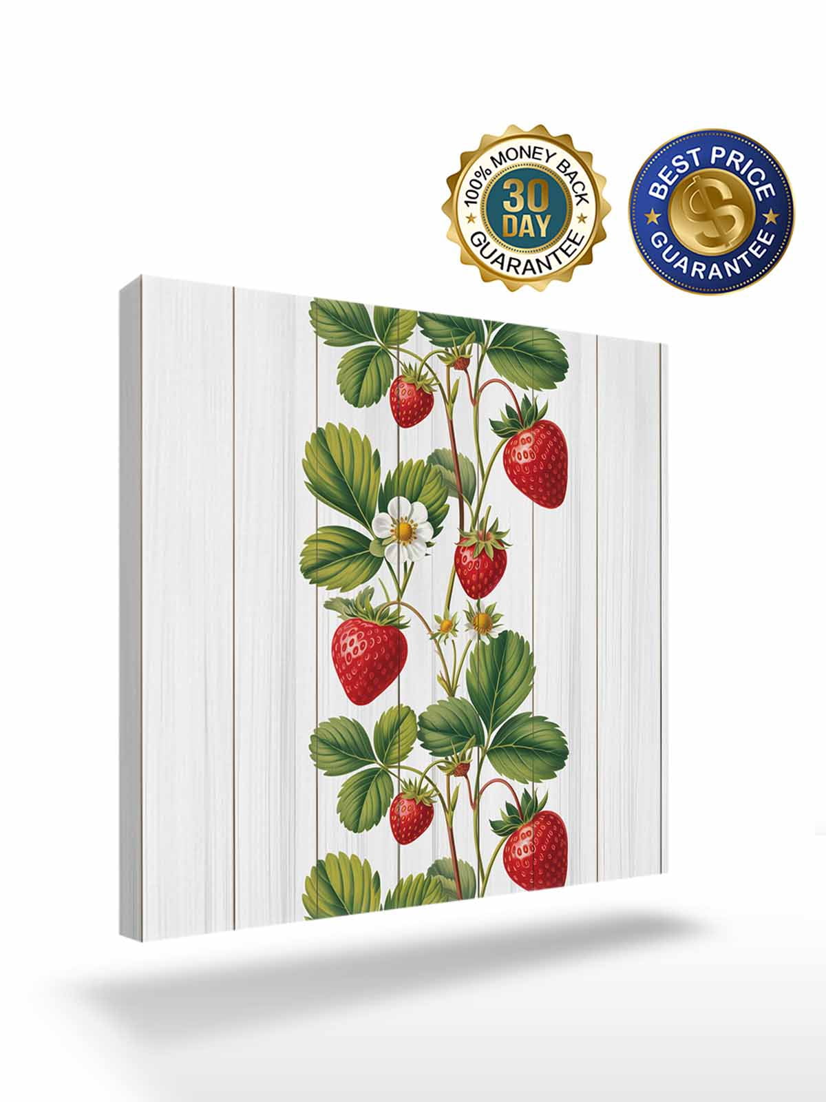 Strawberry Canvas Wall Art, Vintage Country Strawberry Leaf White Wood Grain Framed Wall Decor Modern Artwork Prints Painting for Living Room, Bedroom, Kitchen & Cafe Decor 16x16 Inch