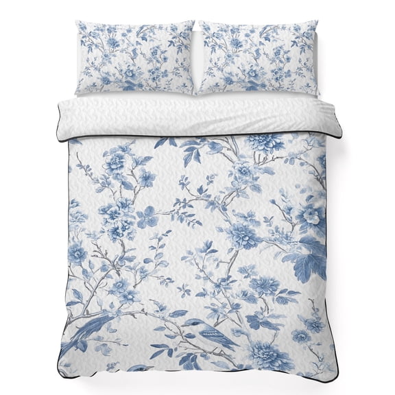 Twin XL Quilt Set 68''x98'', Blue White Spring Floral Lightweight Summer Bedspread Coverlet Set with 2 Pillow Shams, Summer Botanical Birds Breathable All Season Quilt Bedding for Dorm/Guest Room