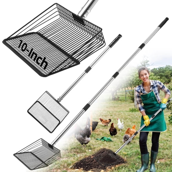Heavy Duty 64'' Chicken Coop Cleaner - Adjustable Metal Scoop Shovel for Manure, Litter, Cat Litter & Hay | Extra Long Cleaning Tool with 10" Wide Rustproof Head