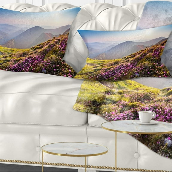 Designart Magic Pink Flowers on Mountains - Landscape Photography Throw Pillow - 12x20