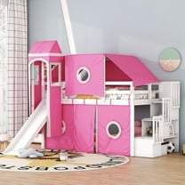 Harper & Bright Designs Twin Size Loft Bed with Tent and Tower, Wood Low Loft Bed with Slide and Storage Stairs for Boys Girls, Pink