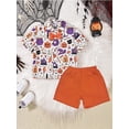 thumbnail image 2 of JYYYBF Toddler Boys Halloween Outfits Bowtie Ghost Pumpkin Print Turn-Down Collar Short Sleeve Shirts Tops Shorts 2Pcs Clothes Set, 2 of 9