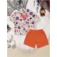 thumbnail image 5 of Conjunto de ropa de Halloween para niños pequeños: pajarita, fantasma, estampado de calabaza, camisa de manga corta con cuello vuelto y pantalones cortos (2 piezas)., 5 of 9