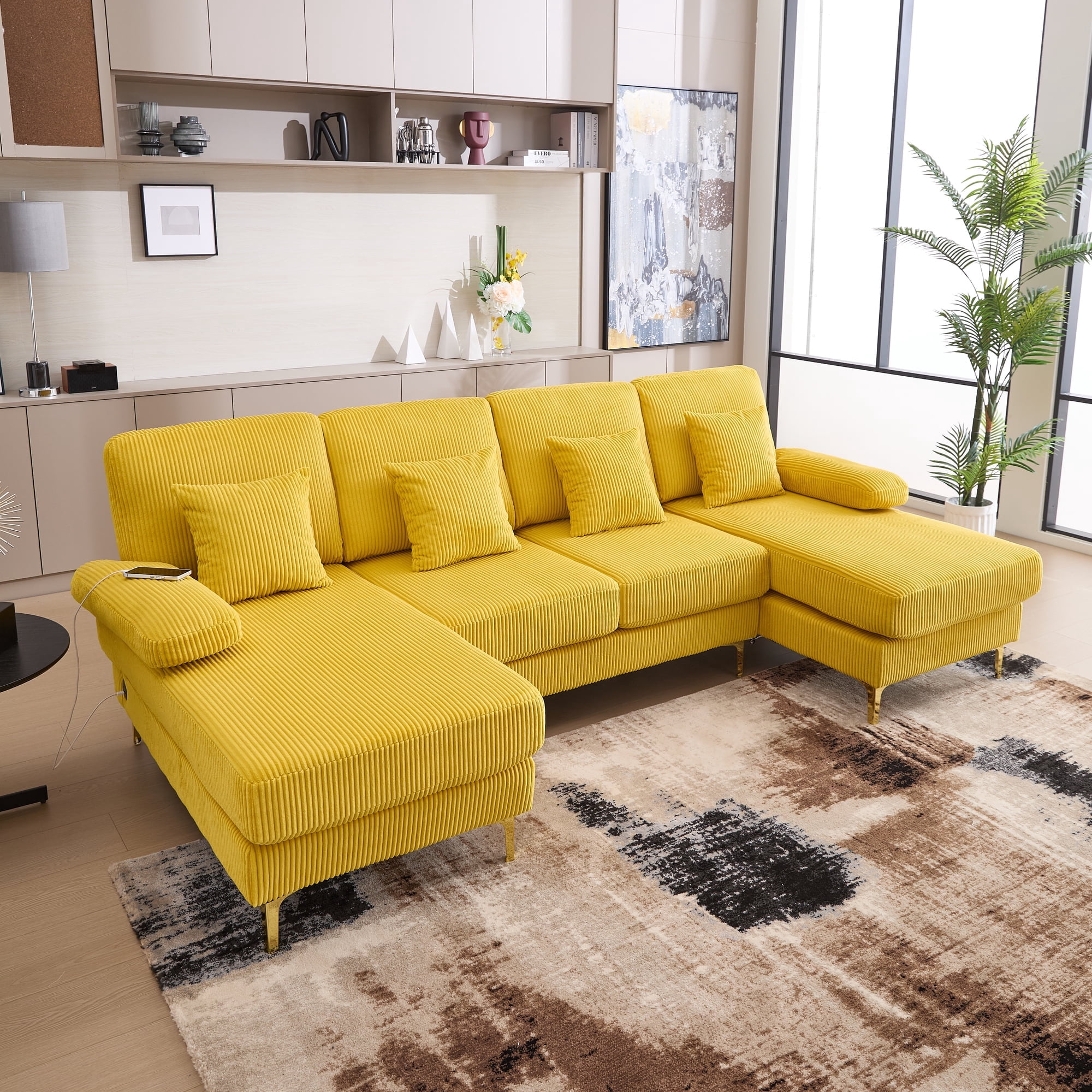 Homefun U-Shaped Corduroy Sectional Sofa 4-Seat with 2 Chaise Large Couches with USB Intelligent Lighting