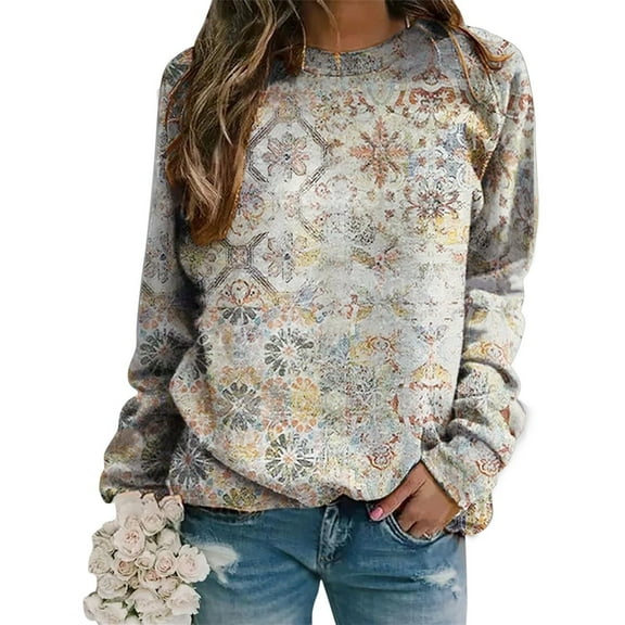 Camo Women's Floral Printed Sweatshirt Long Sleeve Crewneck Casual Loose Vintage FLower Graphic Pullover Tops Plus Size