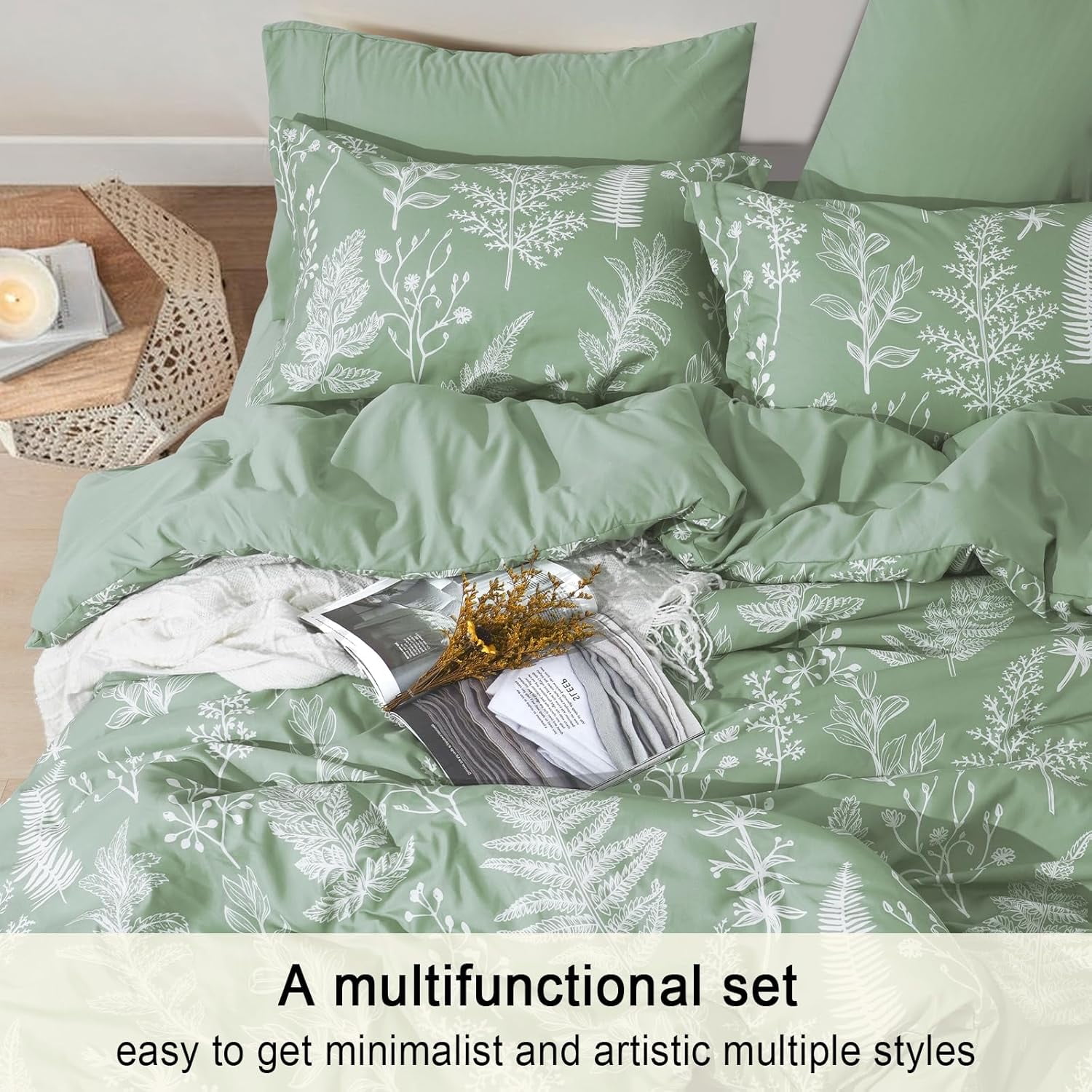 PHF 5 Pieces Printed Twin Comforter Set, Lightweight Reversible Botanical Bedding Set Include Comforter, Pillow Sham, Flat Sheet, Fitted Sheet and Pillowcase, Sage Green