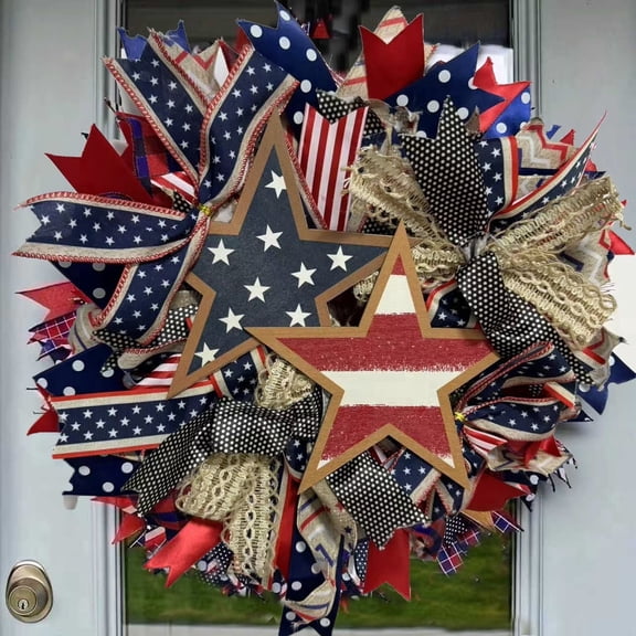 4th of July Wreath for Front Door,250th Anniversary Patriotic American Flag Burlap Wreath, Memorial Day Independence Day Decor, Red White and Blue Farmhouse Hanging Ornament