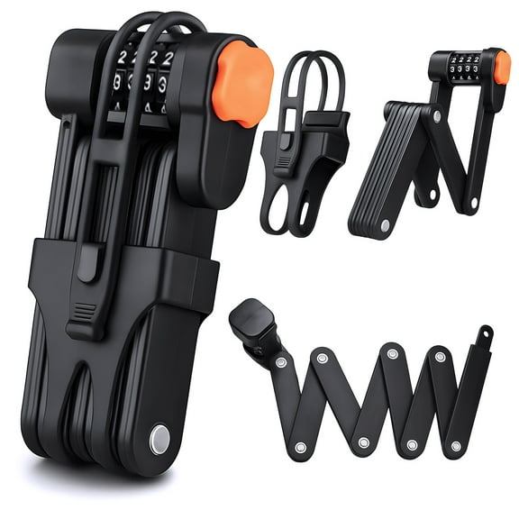 Heavy Duty Folding Bike Lock - 4-Digit Anti-Theft Bicycle Lock for Motorcycle, Scooter & Bike, Compact Foldable Design with Mounting Bracket - Secure Chain Lock for Outdoor Use