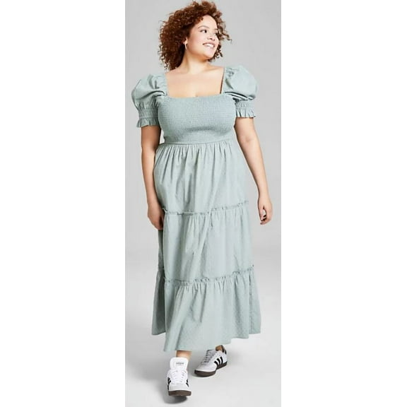 And Now This GREEN MILIEU Women's Puff-Sleeve Cotton Tiered Maxi Dress, US Small