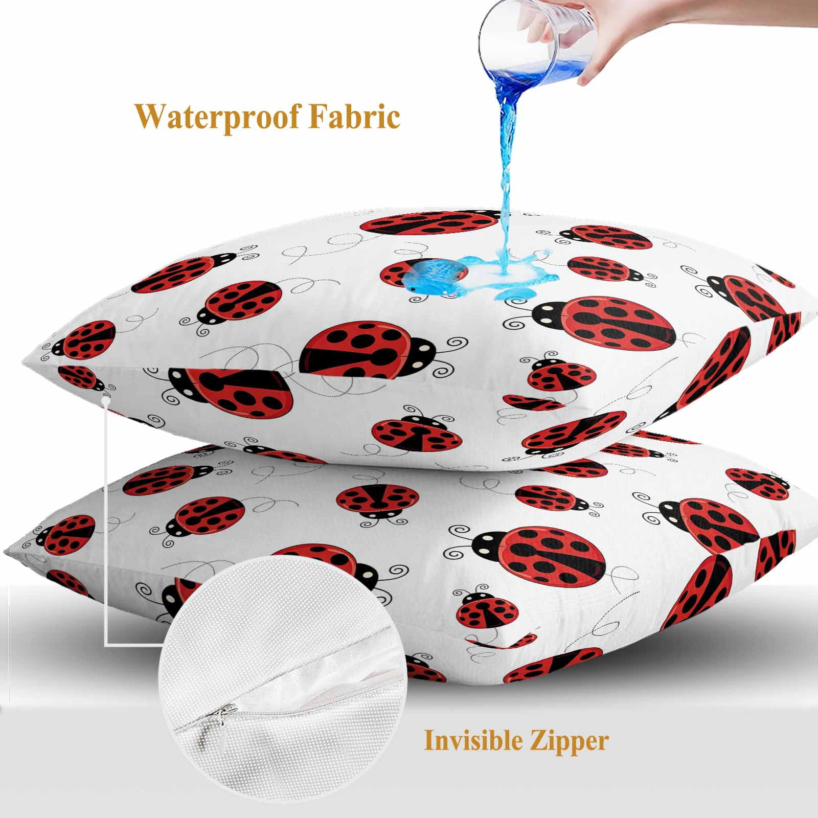 Outdoor Throw Pillows Covers 16x16inx2 Set Of 2 Waterproof Red Ladybug Decorative Zippered Cushion Covers for Patio Furniture, Red Black Polka Dot Lumbar Pillowcases,