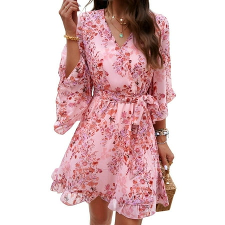 Mother S Day Outfit For Women  Hawaiian Dress Wedding Guest Vintage Floral V Neck Half Sleeve Tunic Casual Mini Puff Dress Bag Orange Women Linen Dresses 2025 Dresses Cocktail (L  Pink) ZMTing