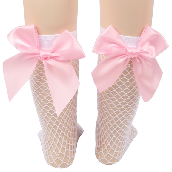 Namzi 3 Pairs Fishnet Sheer Socks Bow Mesh Net Elastic Sock-White Pink