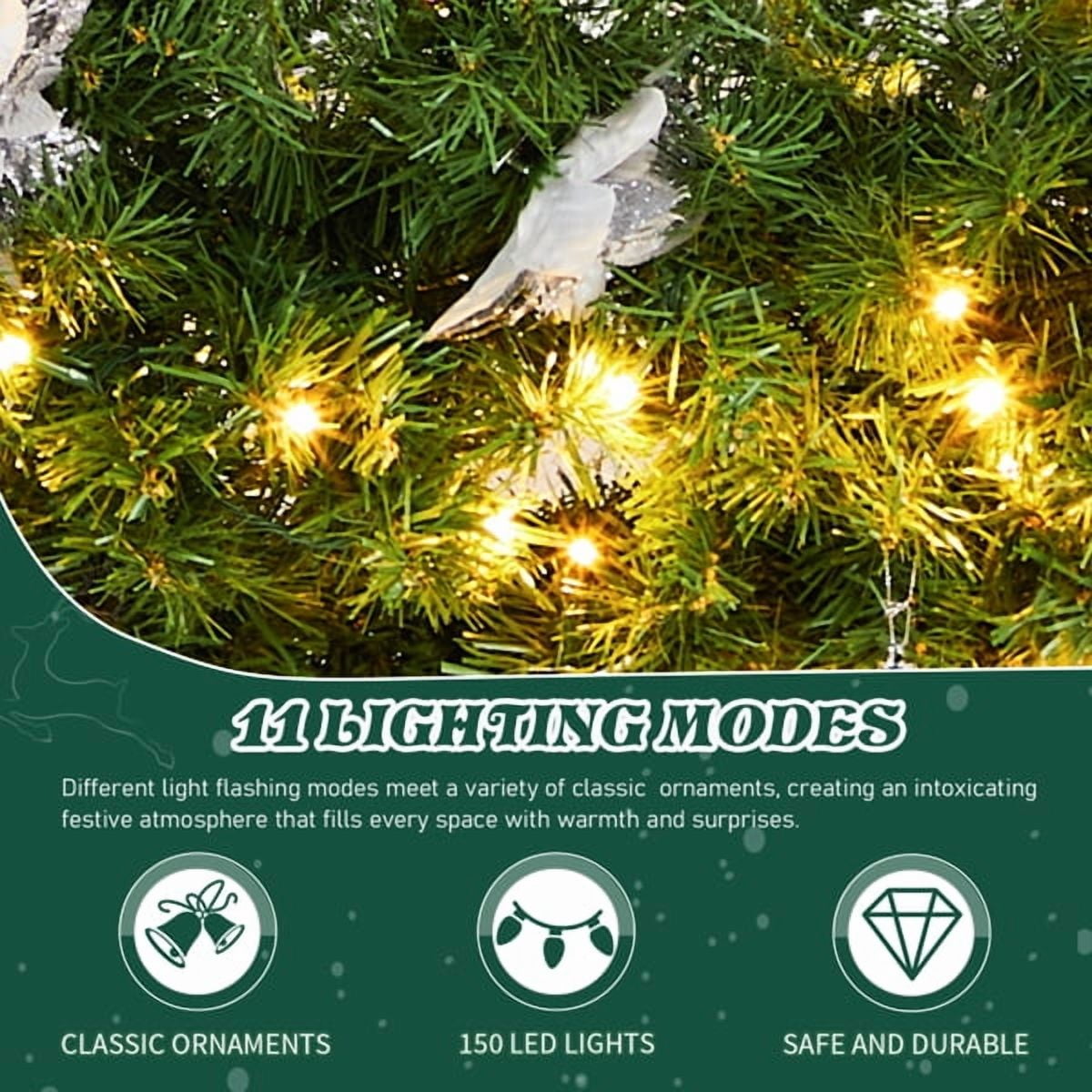 48" Lighted Artificial Christmas Wreath - 450 PVC Fir Branches, 150 Warm/Cold White LEDs (11 Modes) w/Remote, Light Green Decor for Front Door/Mantel