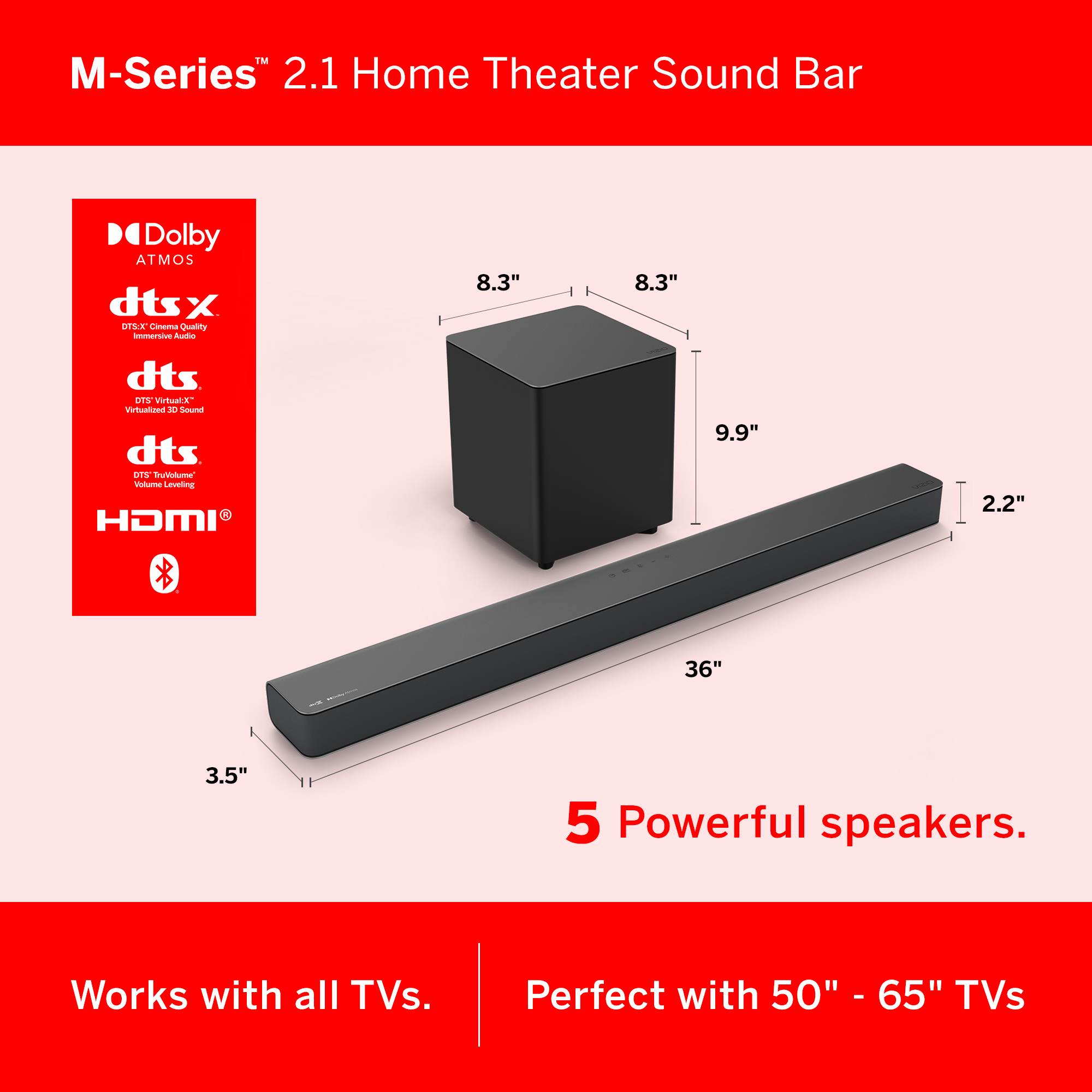 VIZIO M-Series 2.1 Premium Sound Bar with Dolby Atmos, DTS:X, Wireless Subwoofer M215a-J6 - image 3 of 21