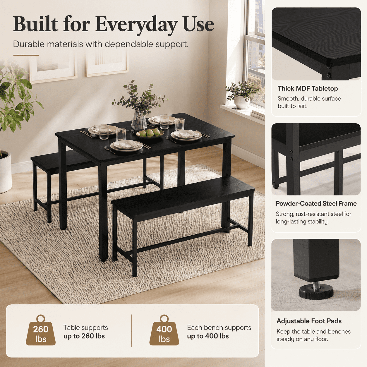 Aukfa 3-Piece Dining Table Set for 4, Kitchen Table with 2 Benches, Space-Saving Dining Room Table Set for Small Spaces,Black