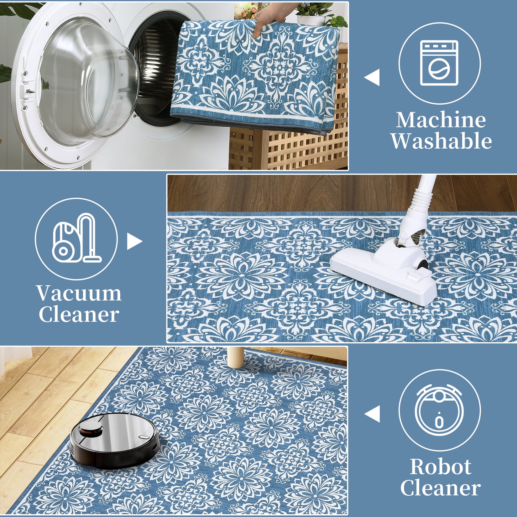 HOMERRY Indoor Washable 5' x 7' Area Rug Floral Rug for Living Room Non-Slip Floor Carpet for Bedroom, Blue