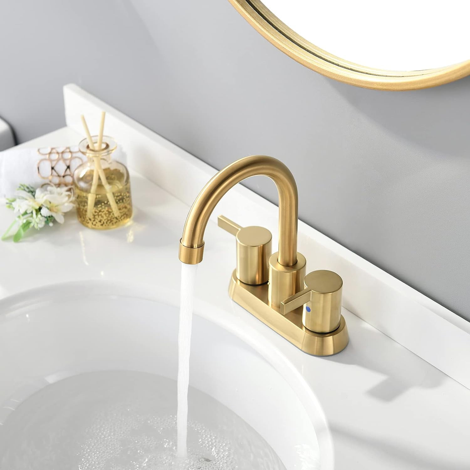 Brushed Gold 4 Inch 2 Handle Centerset Lead-Free Bathroom Faucet Swivel Spout with Pop Up Drain