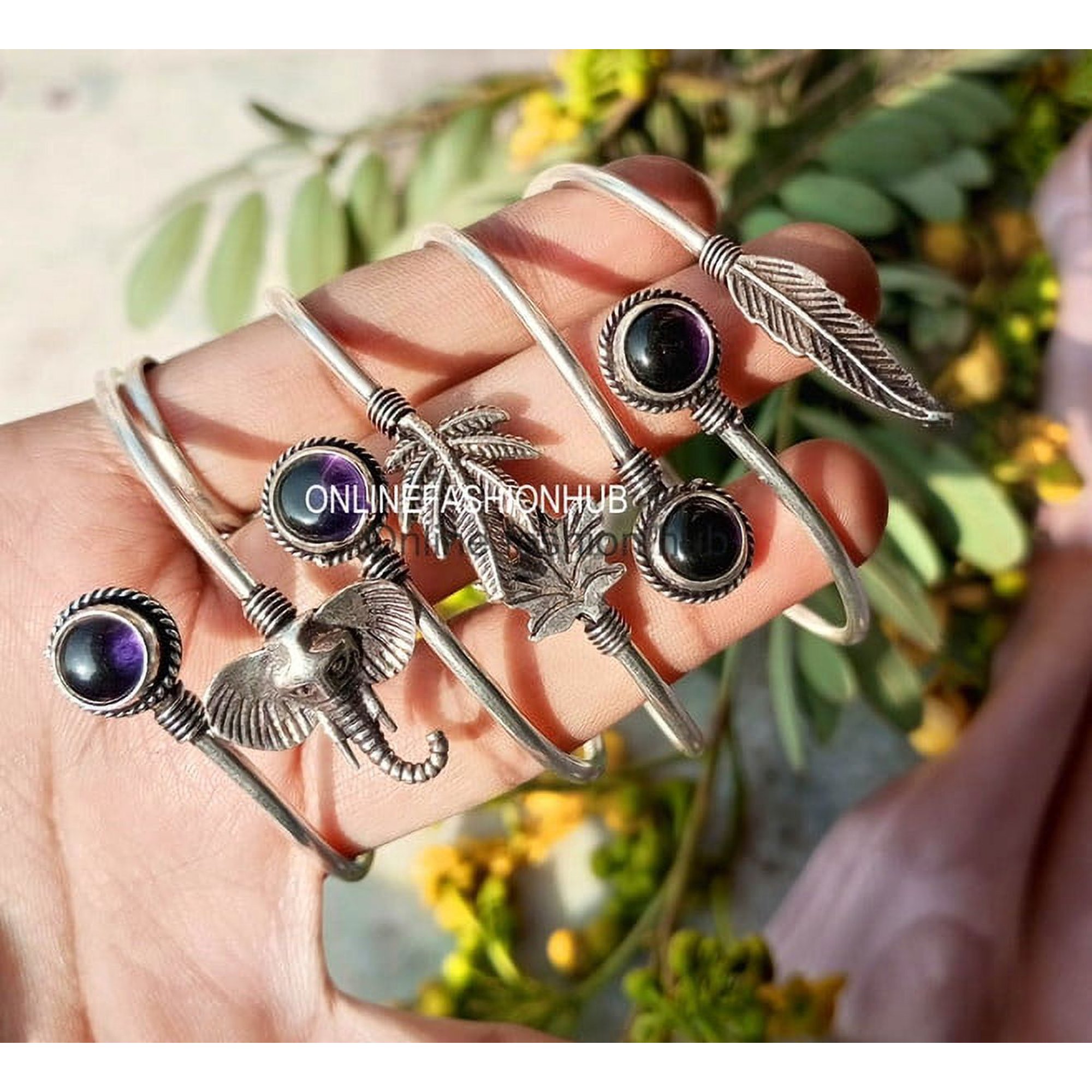 Amethyst Gemstone 925 Sterling Silver Plated HandmadeBangle 10 pcs