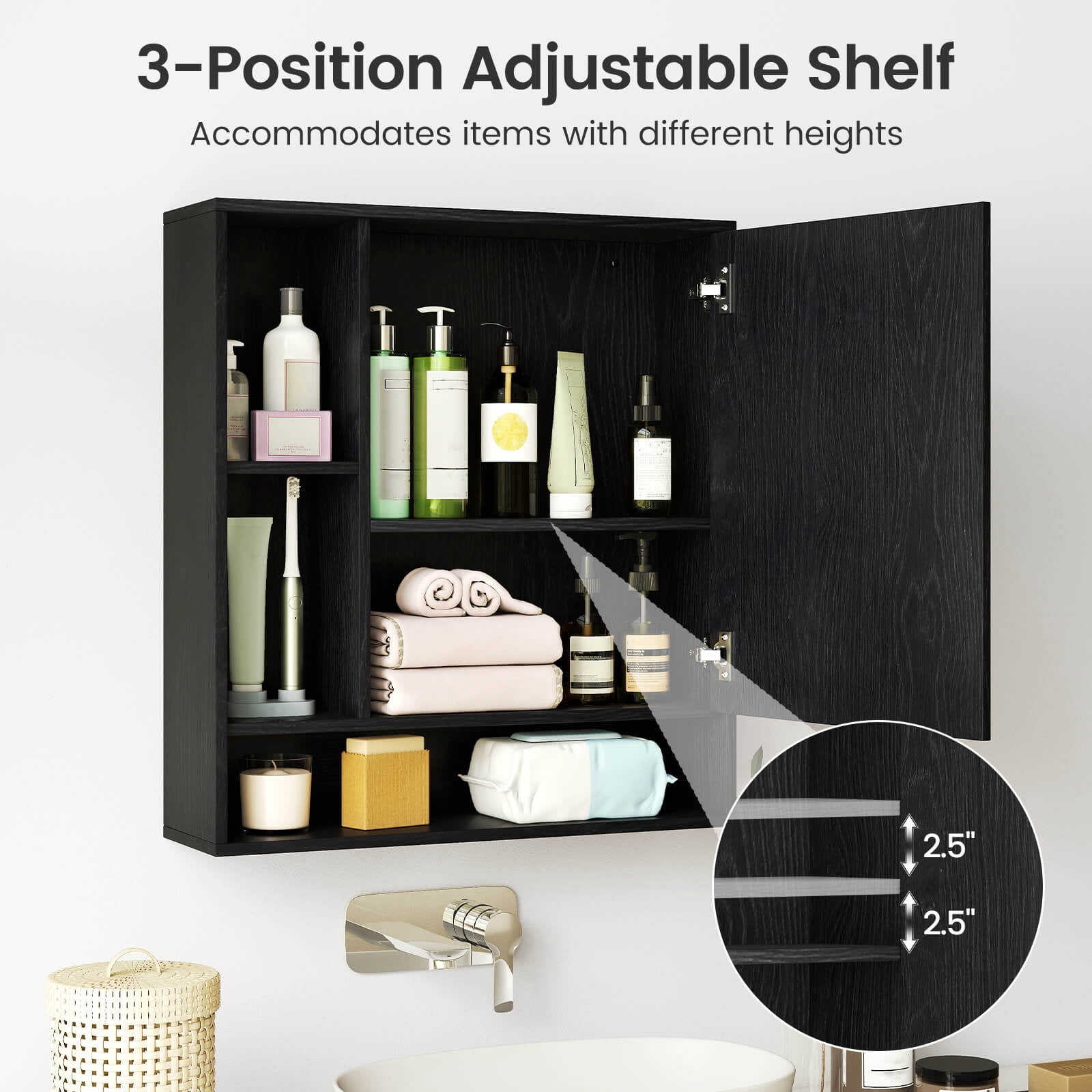 Costway Bathroom Wall Cabinet with Mirror, Single Door, 3 Open Shelves & Adjustable Shelf Black