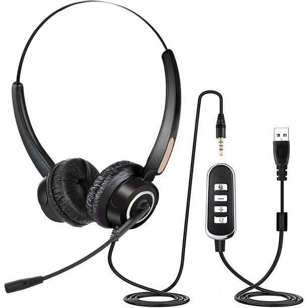USB Headset with Mic for PC, WodnHoak Computer Laptop Headphones, 3.5mm&USB Jack, Black