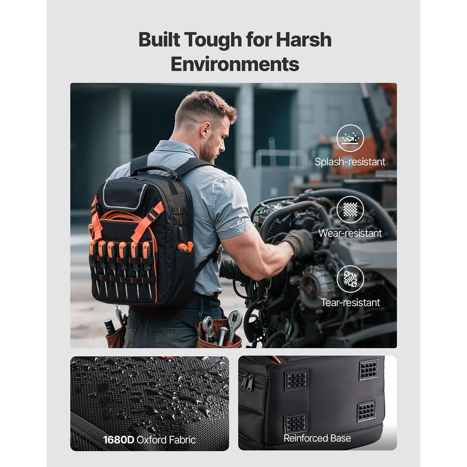 Tool Backpack 45 Pockets 1680D Oxford 50 lbs Capacity with Laptop Compartment for Electrician