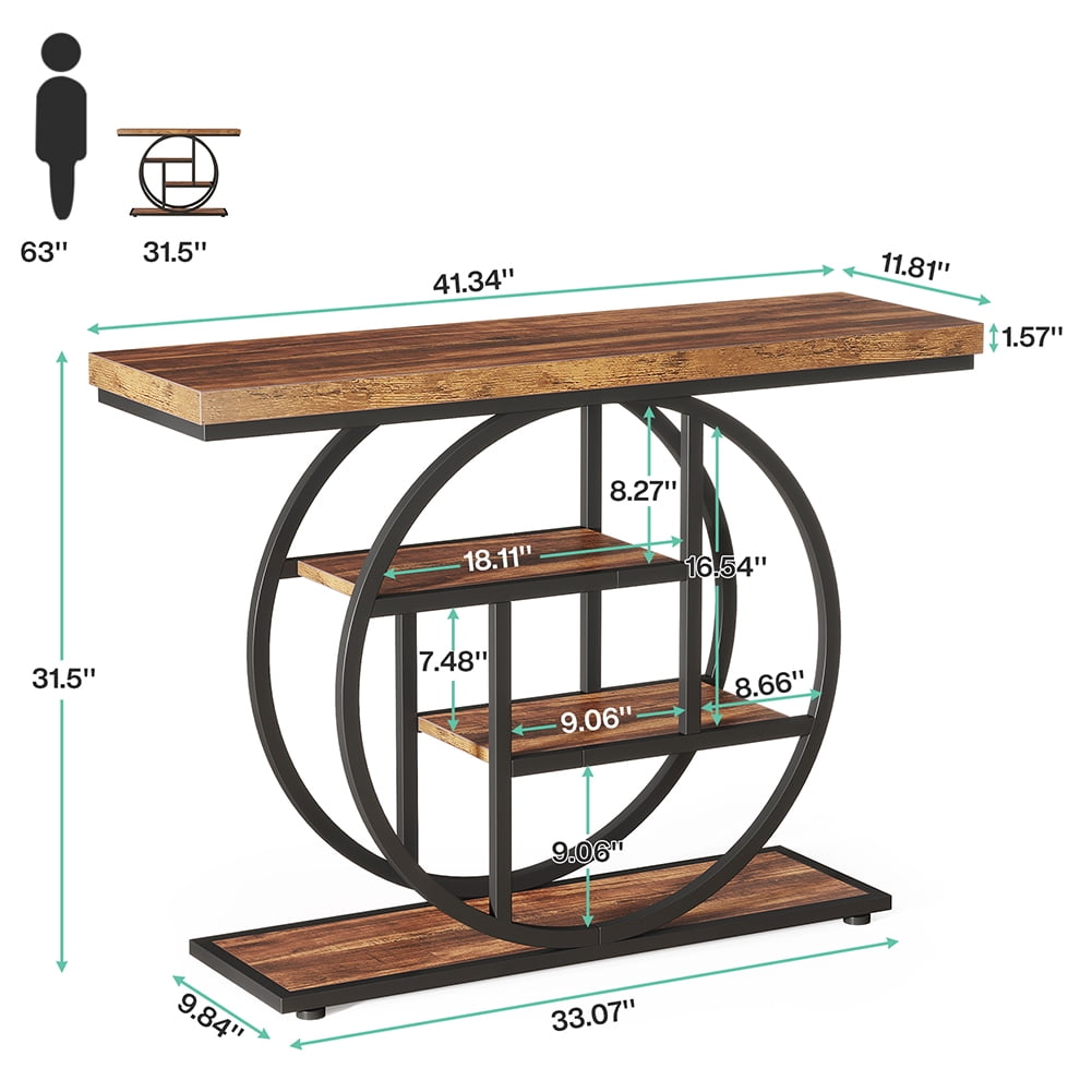 Spaco 41.3" Console Table with 1.57" Thick Tabletop, Industrial 4-Tier Sofa Entryway Table with Circle Base, Rustic Brown