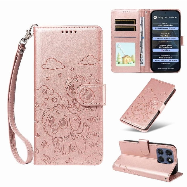 Funda Cartera GANGXUN con Diseño de Perrito en Relieve para Motorola Edge 60 Fusion 5G , Protección 360° con Ranuras y Correa Desmontable