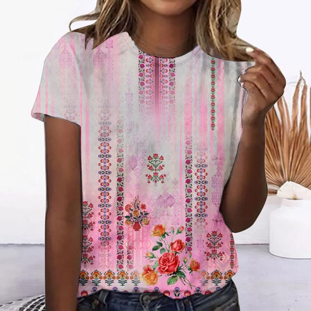 Fiudx Ofertas Flash Del Día Top Casual de Manga Corta con Cuello Redondo y Estampado Retro para Mujer