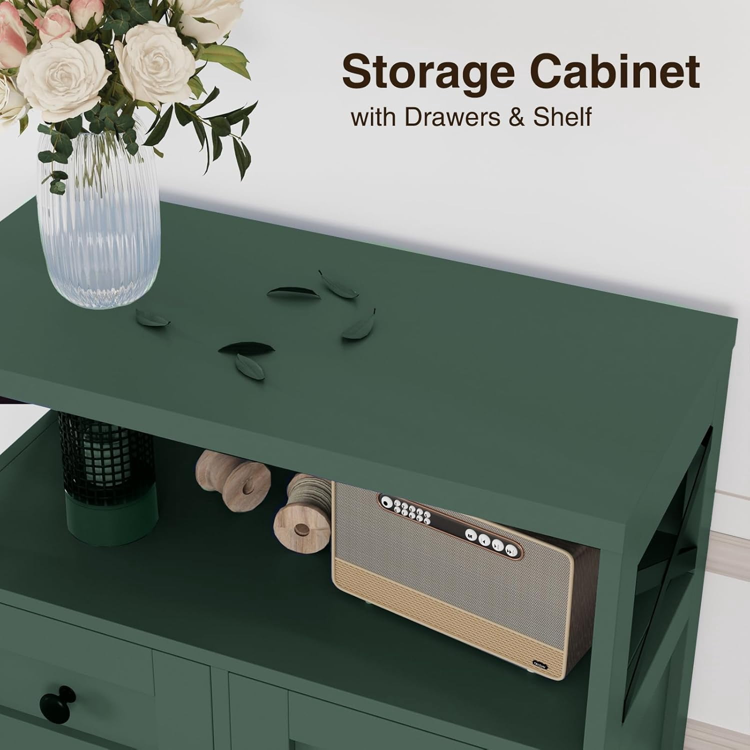 Farmhouse Dark Green Storage Cabinet with Barn Doors and 2 Drawers, Small Freestanding Kitchen Pantry Cabinet, Floor Storage Cabinets Hutch Cupboard for Kitchen/Laundry/Living Room/Bedroom