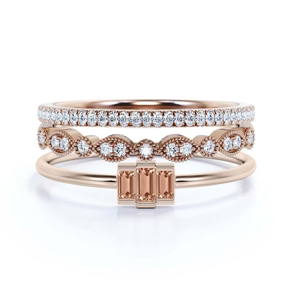 Dazzling 1.70 Carat Baguette Cut Trilogy Morganite Engagement Ring, Wedding Ring in 925 Sterling Silver With 18k Rose Gold Plating, Three Stone Ring, Trio Set, Matching Band