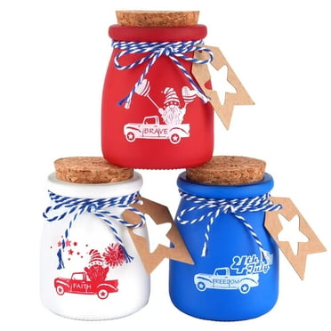 GIAUMA 4th of July Mini Mason Jars - Two Pattern Table Top Decorations, Set of 3 Red White and Blue Patriotic Jar Tiered Tray Decor Centerpieces for Tables, Memorial Independence Day Party Decor C2