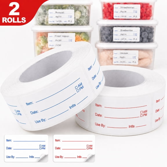 Genreen 2 Rolls 1000 Pieces Removable Food Labels Stickers, 1 x 2 Inch Date Stickers for Freezer, Refrigerator Food Containers - Easy to Write On