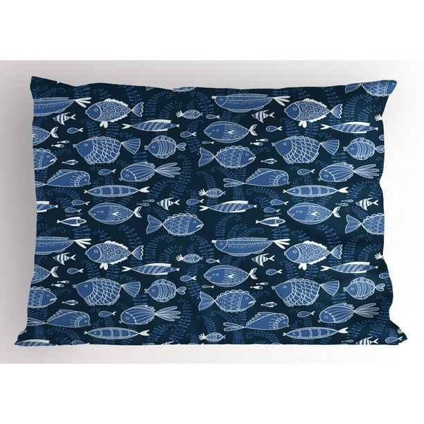 Ocean Pillow Sham Sealife Marine Navy Image with Tropic Fish Moss
