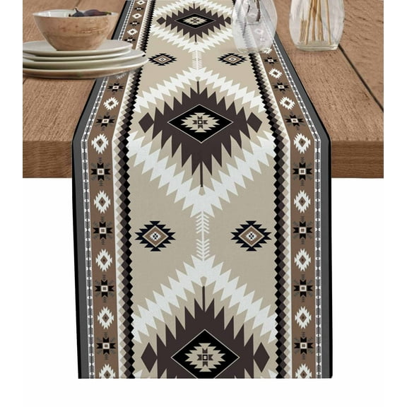 Table Runner Dresser Scarf 16 x 72 Inch Aztec Southwestern Ethnic Tribal Style Geometric Brown Table Runners Non-Slip Heat Kitchen Dining Table Decor for Indoor Outdoor Home Party Decoration