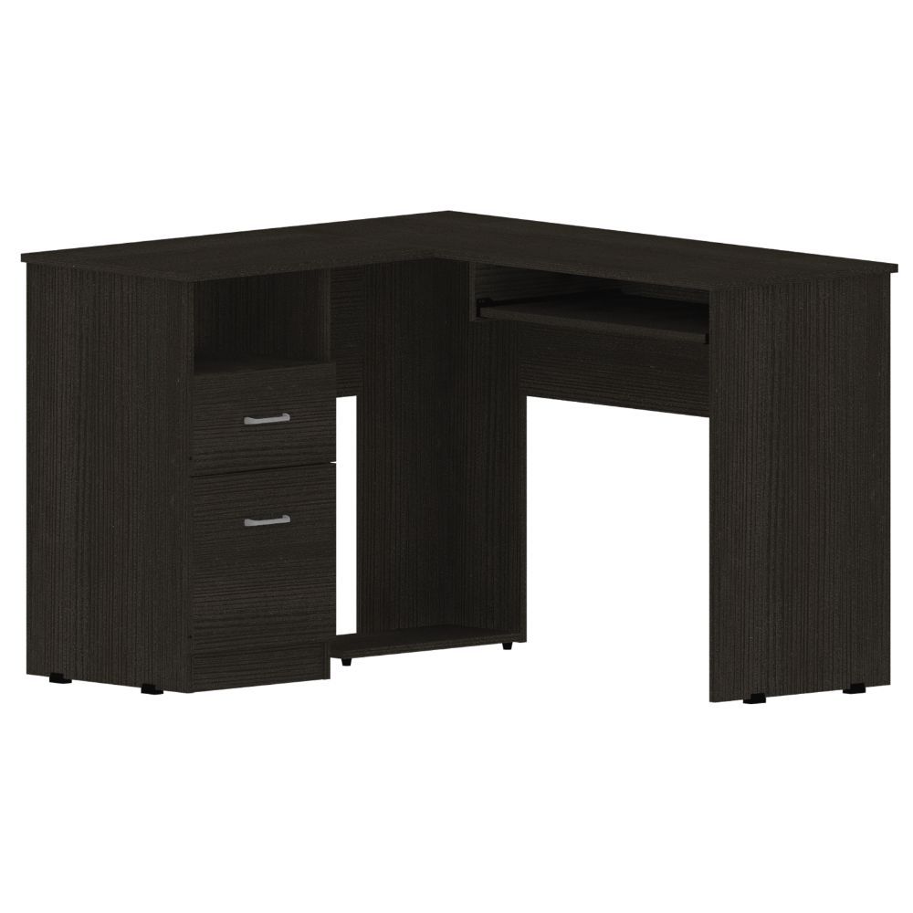 TUHOME L-Shaped Desk with Keyboard Tray, Two Drawers, Single Open Shelf in Black