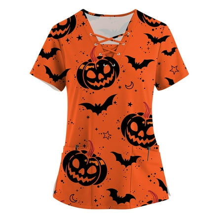 

Sksloeg Sksloeg Scrub Tops for Women women s Plus Size Pumpkin Cat Witch Print Scrub Tops V-Neck Fun T Shirts Workwear Nurse Uniform Tee with Pockets Orange 3XL