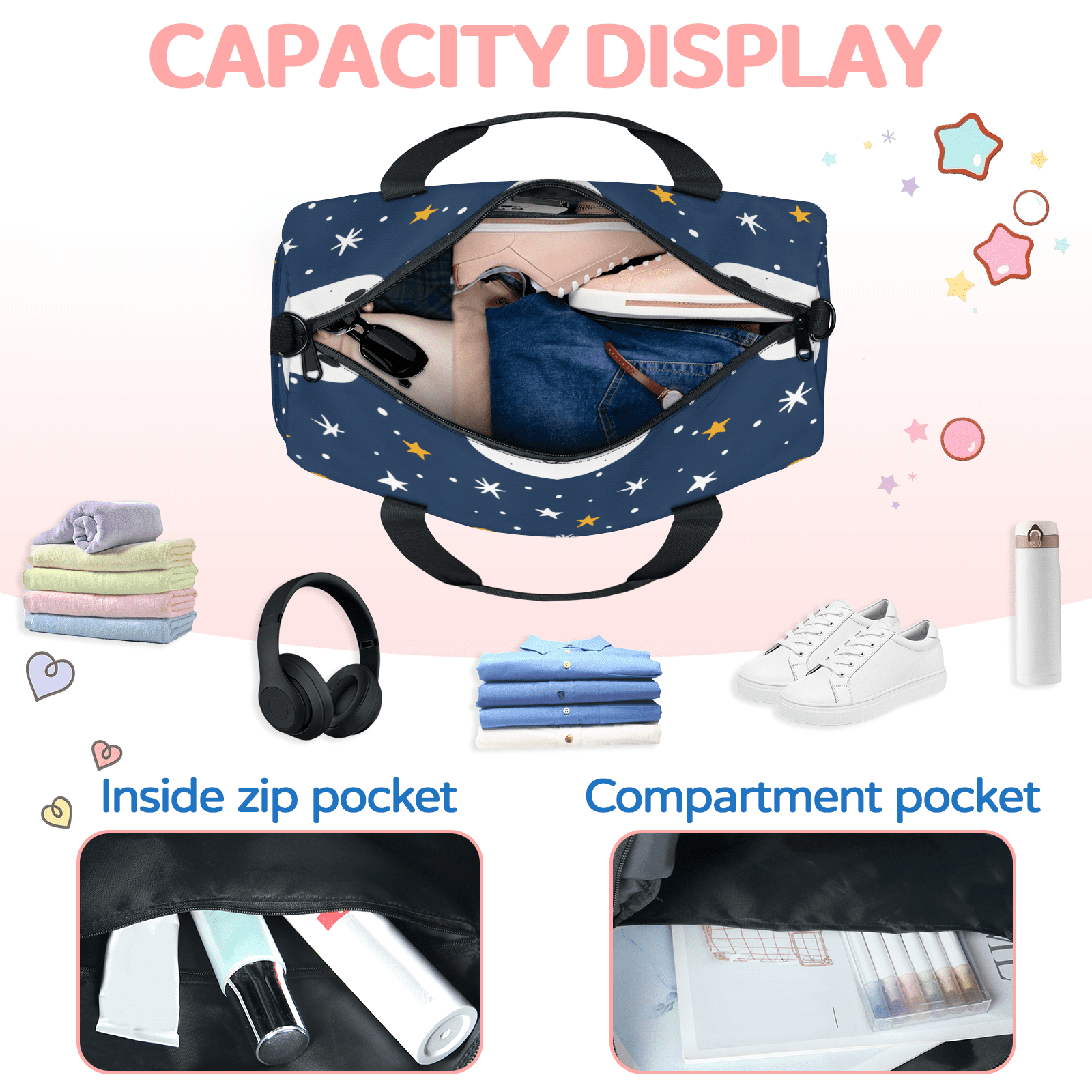 Herdesigns Pandas Gym Bag for Women, Duffle Bag for Travel Sport, Star Lightweight Waterproof Carry on Weekender Dance Yoga Workout Bags