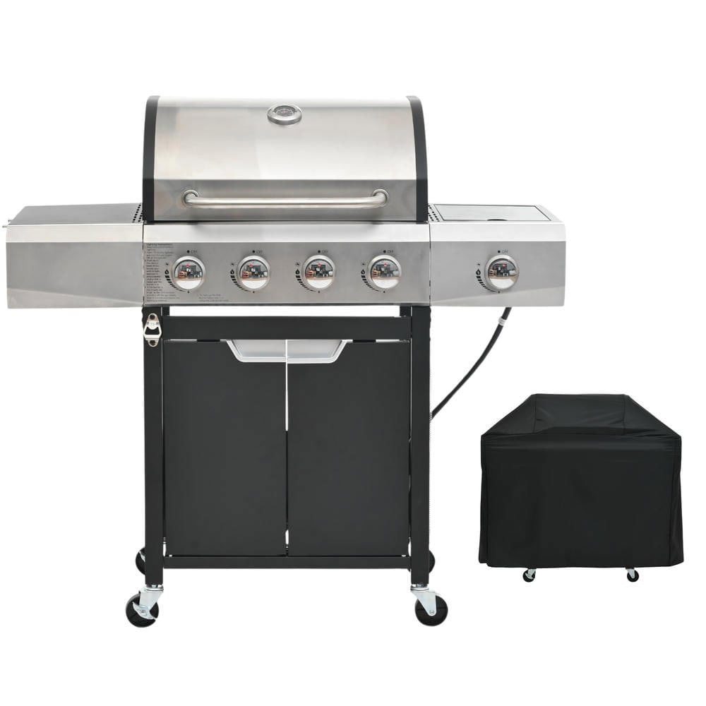 Resenkos 4-Burner Propane Grill, Stainless Steel Gas Barbecue with Side Burner and Included Cover