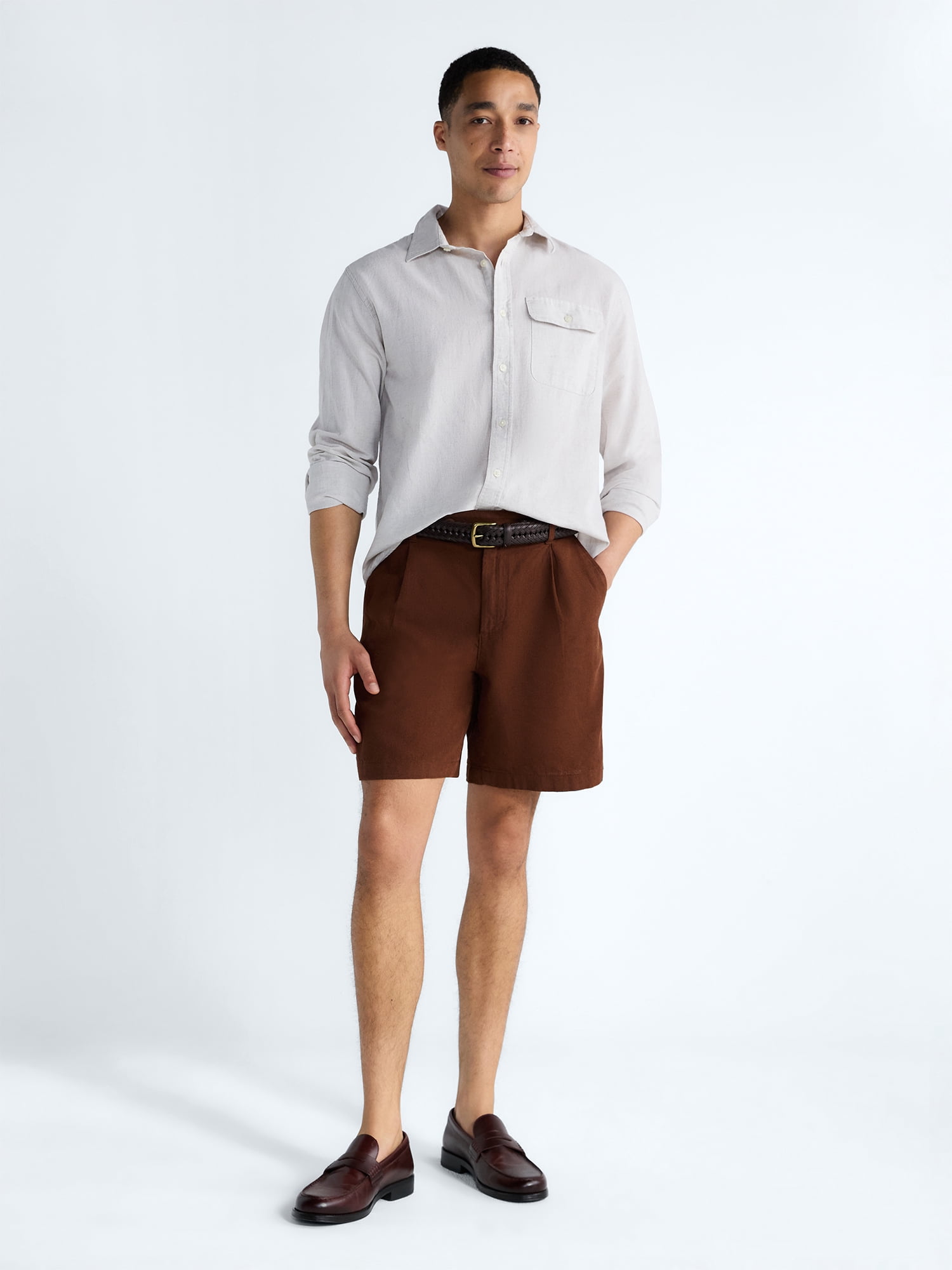 Free Assembly Men's Linen Blend Pleated Shorts, 7.75" Inseam Sizes 30-40