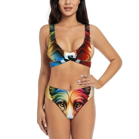 Zeuib Colorful Art Dog High Waisted Tummy Control Bikini Set - Knot Front Push Up Top & Cheeky Thong Bottom  Two-Piece Swimsuit for Women-Medium