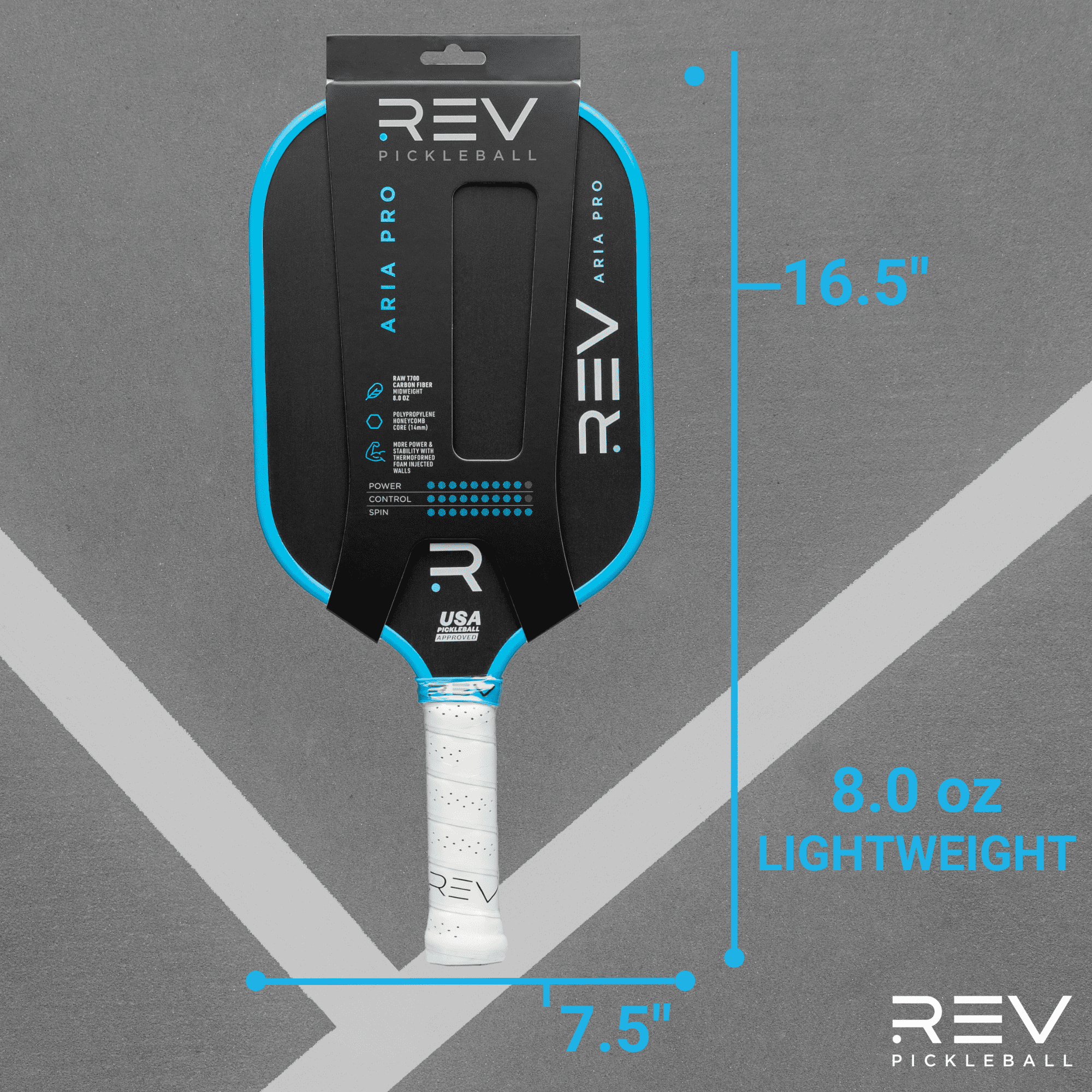 REV Aria Pro Pickleball Paddle – Blue | T700 Carbon Fiber, 14mm Honeycomb Core, USA Pickleball Approved