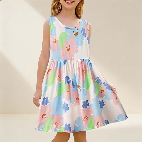 Pretxorve Kids Girls Princess Dress Summer Sleeveless Tank Small Floral Print A Line Beach Dresses